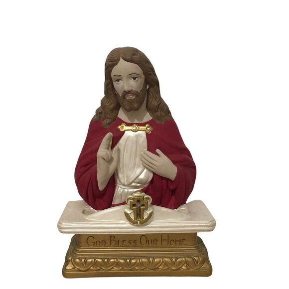 Vintage Silvestri Bros Chalkware Jesus God Bless Our Home Candle Lamp - Picture 1 of 3